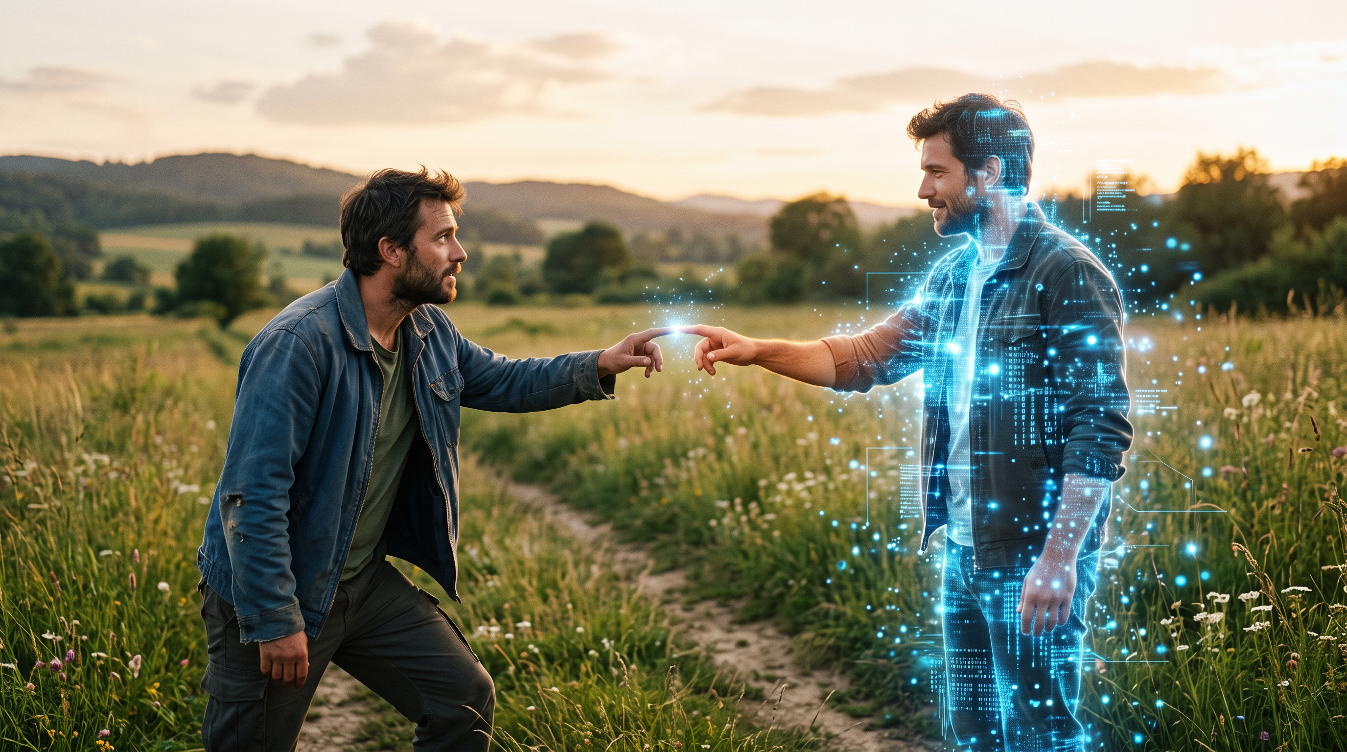 A person reaching toward a glowing digital version of himself, representing consent between human identity and AI commerce